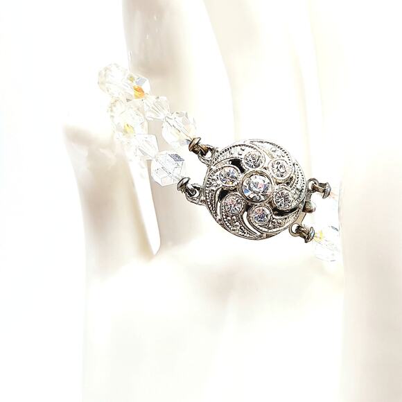 Vintage 1950s Wedding Bracelet, Aurora Borealis Crystal Beads, Rhinestone Clasp - Picture 6 of 14